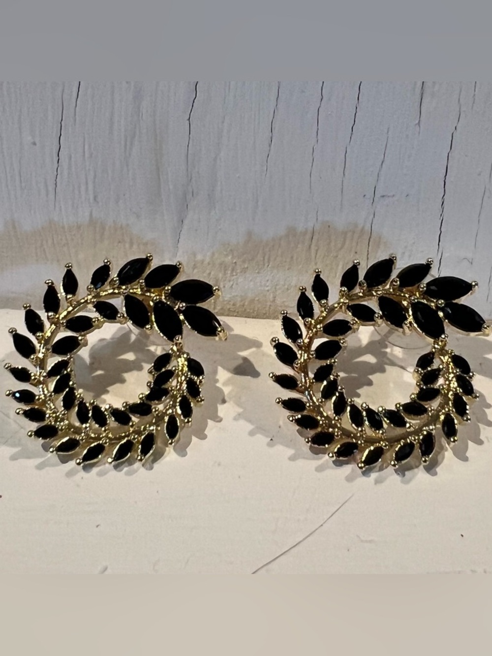 Gold-tone Black Leaf Spiral Earrings